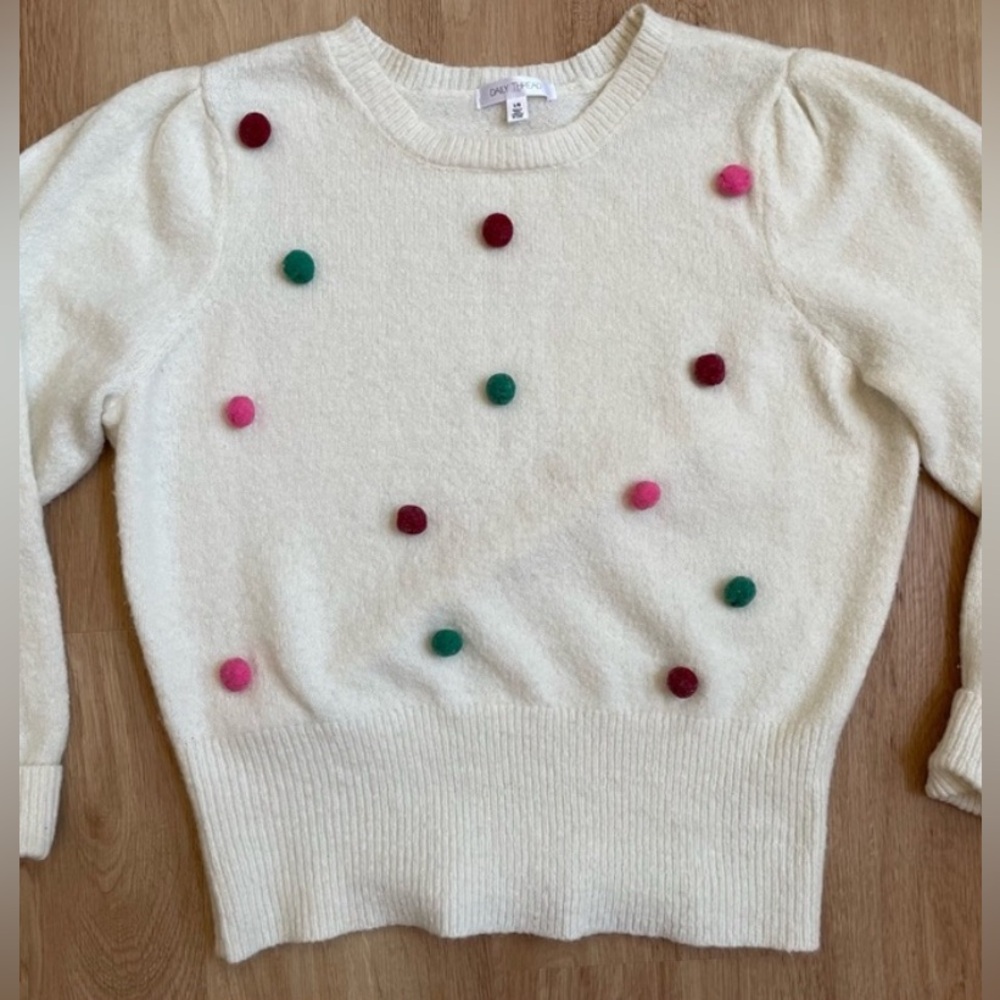 Cream sweater with Pom poms large red green pink preppy Daily Thread